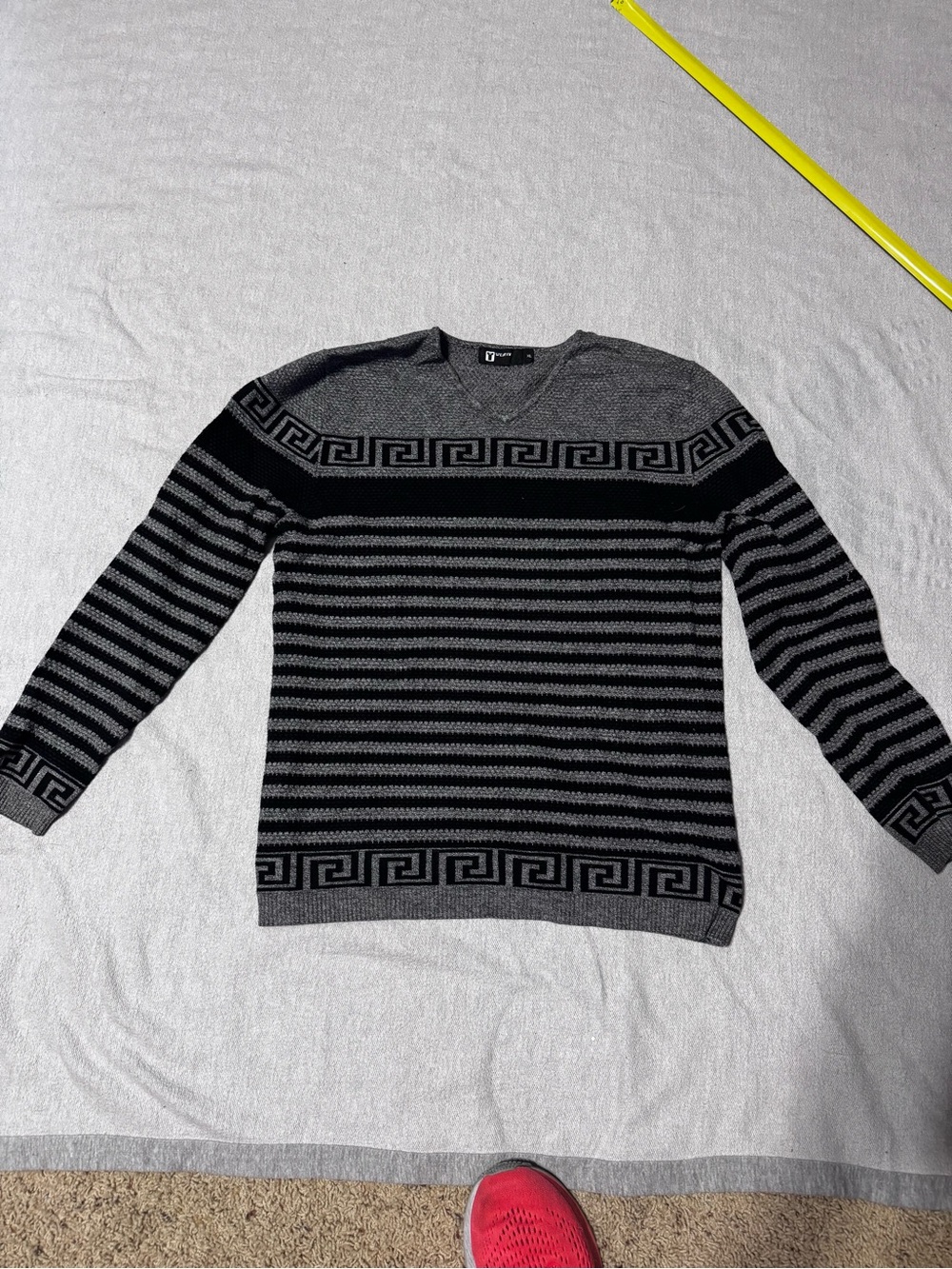 Vintage  Crewneck Striped Greek Key Knit Sweater in Black and Gray